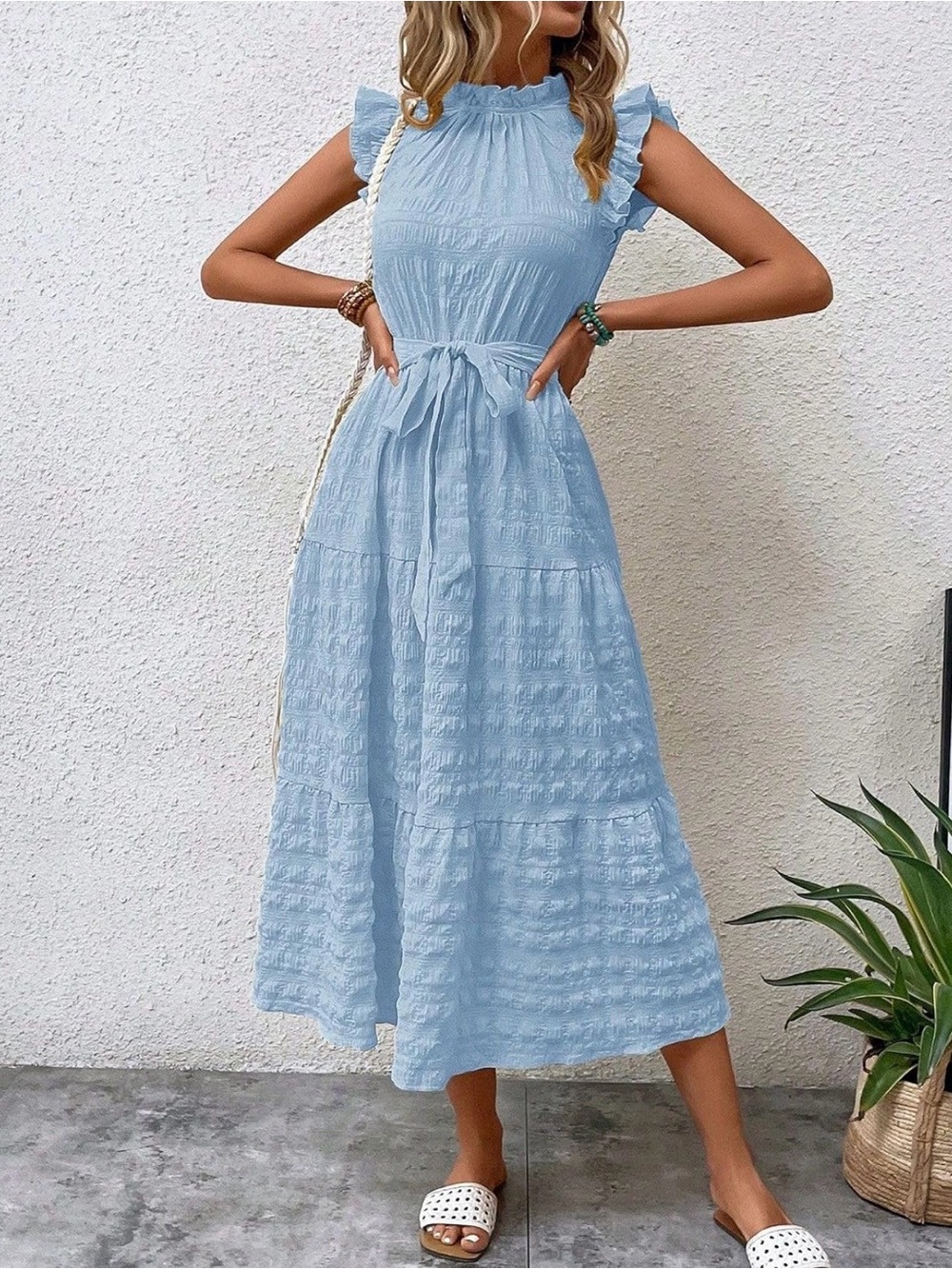 Breezy Light Blue Midi Dress with Ruffle Sleeves and Waist Tie